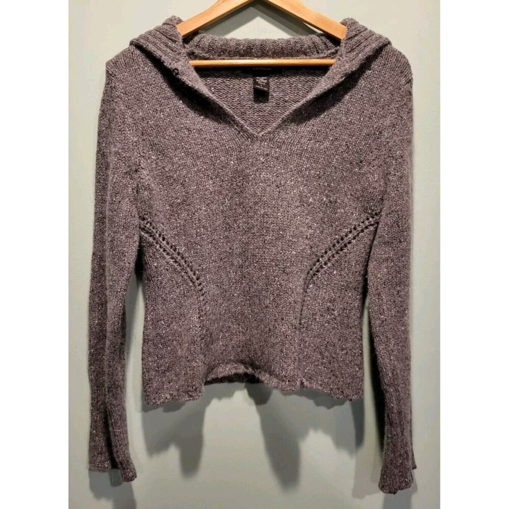 Express Gray Merino Wool Angora V Neck Sailor Collar Fitted Sweater Sz L